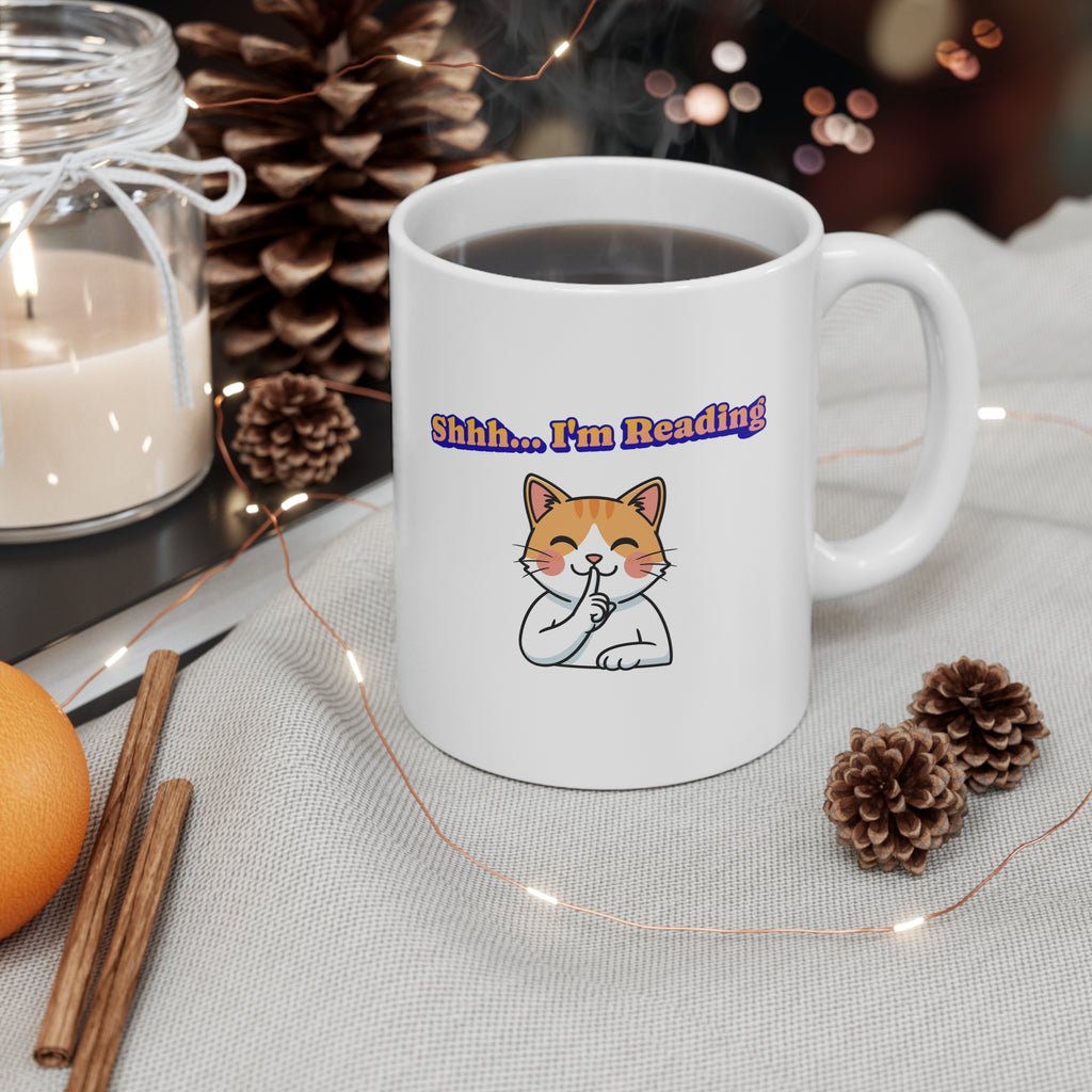 Shhh I'm Reading Cat Mug | Ceramic Coffee Cup 11oz
