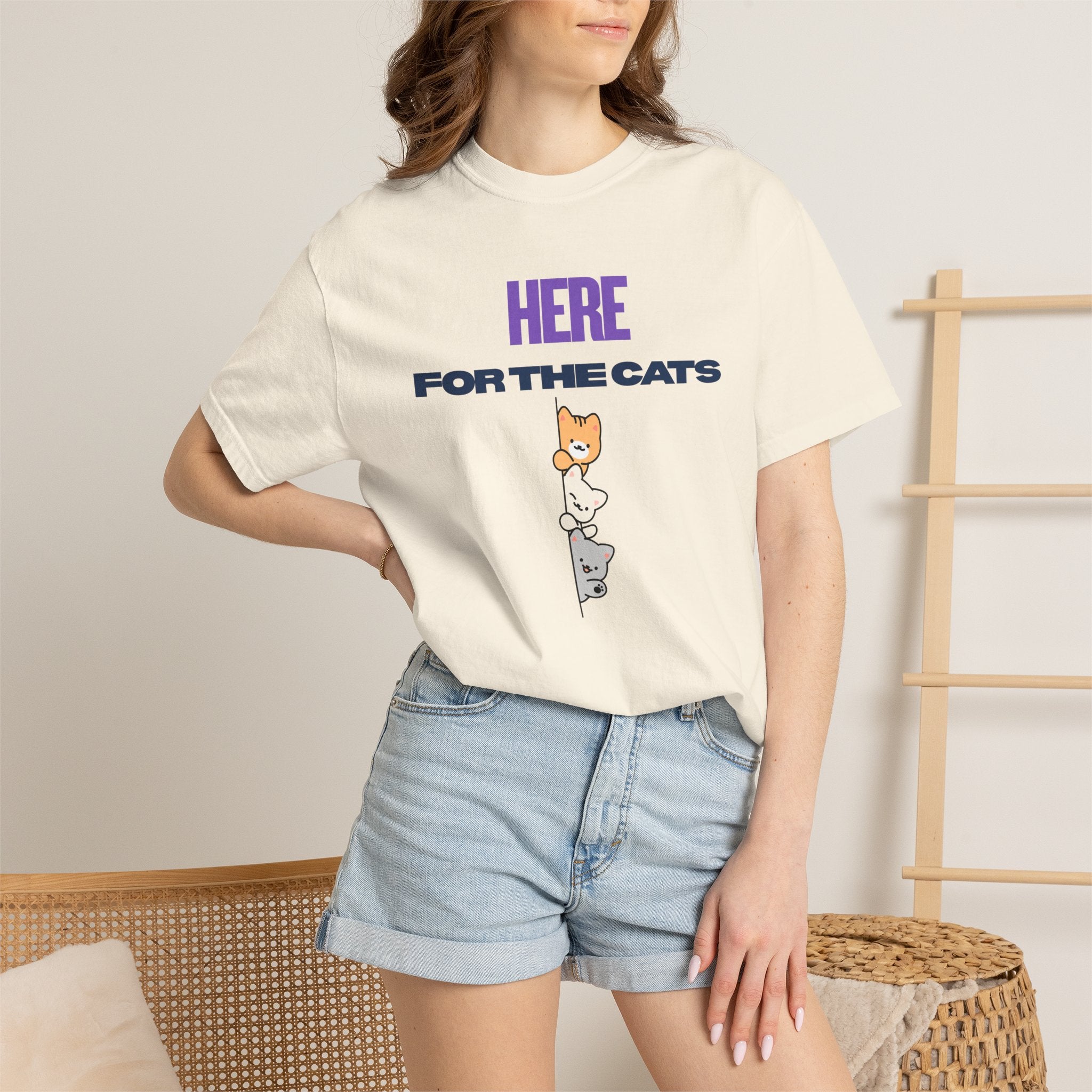 Here for the Cats T-Shirt | Stacked Cartoon Cats Cat Lover Tee