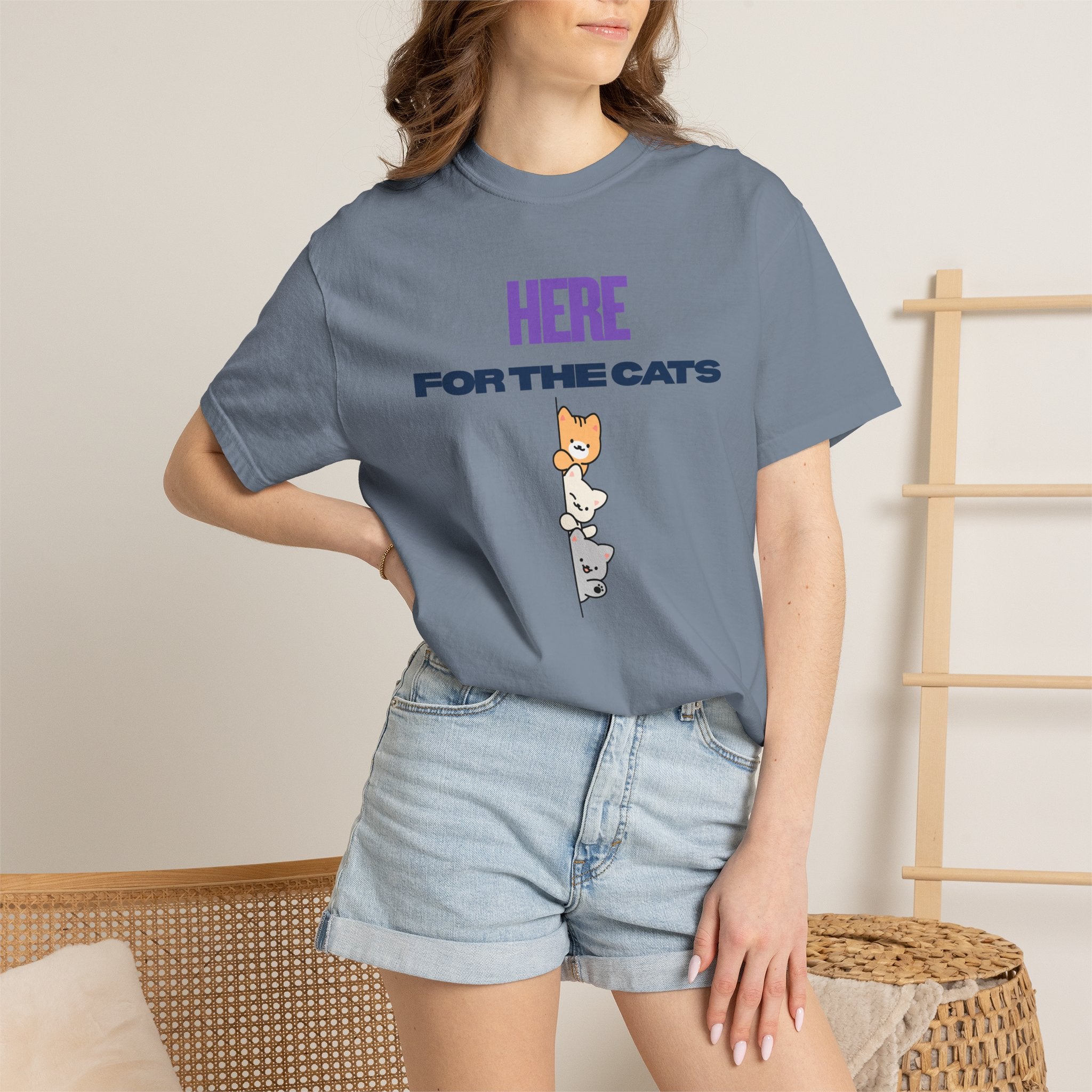Here for the Cats T-Shirt | Stacked Cartoon Cats Cat Lover Tee