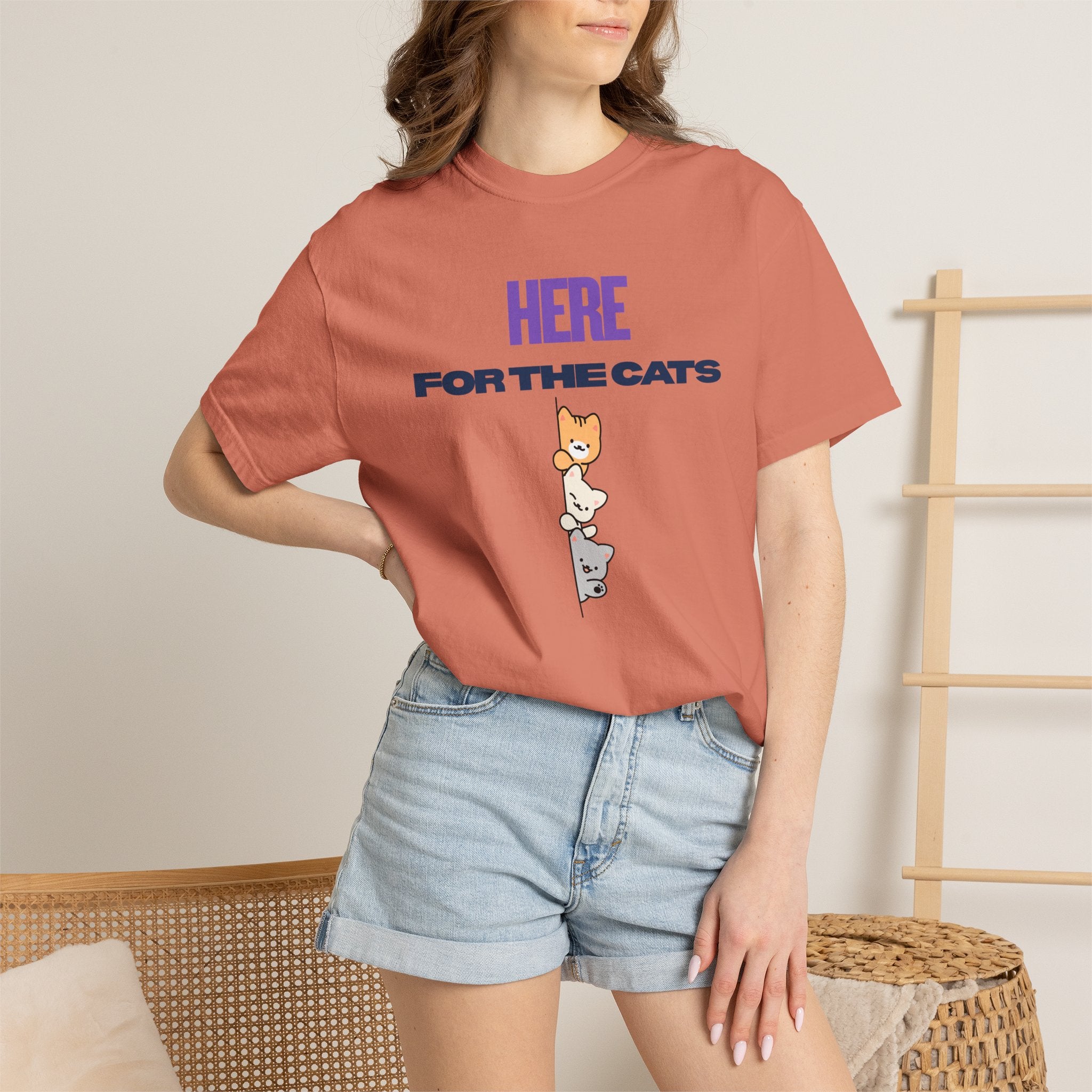 Here for the Cats T-Shirt | Stacked Cartoon Cats Cat Lover Tee