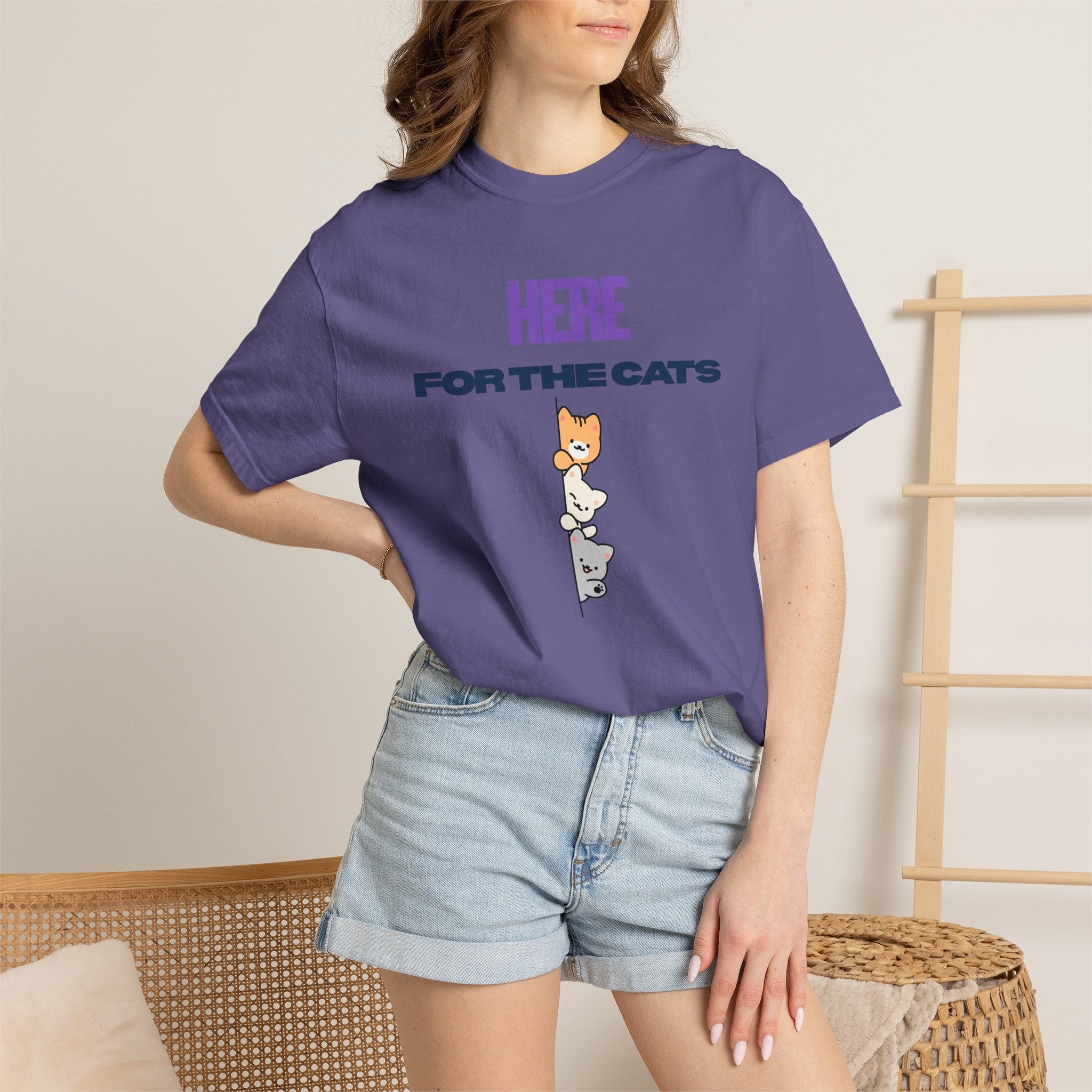 Here for the Cats T-Shirt | Stacked Cartoon Cats Cat Lover Tee