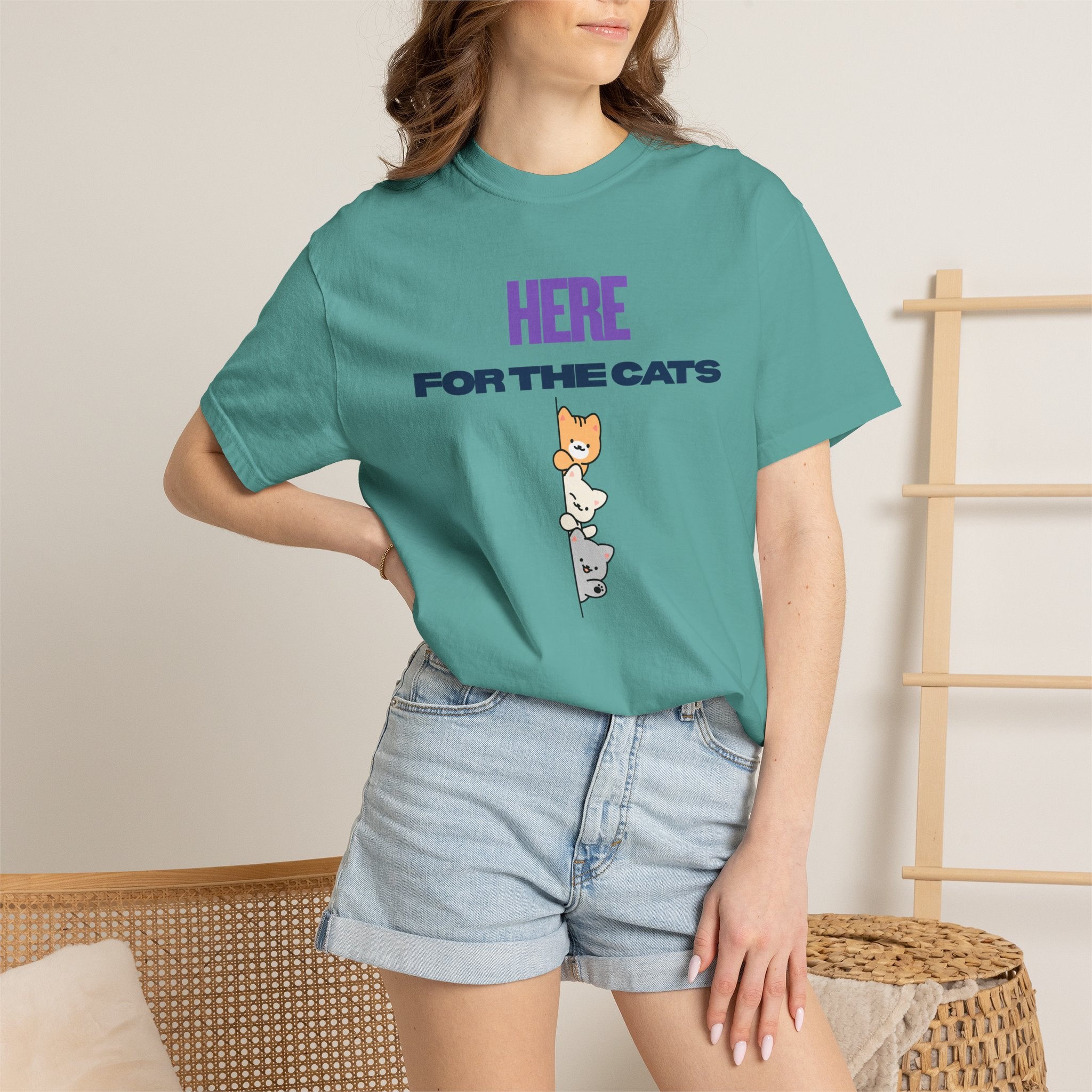 Here for the Cats T-Shirt | Stacked Cartoon Cats Cat Lover Tee