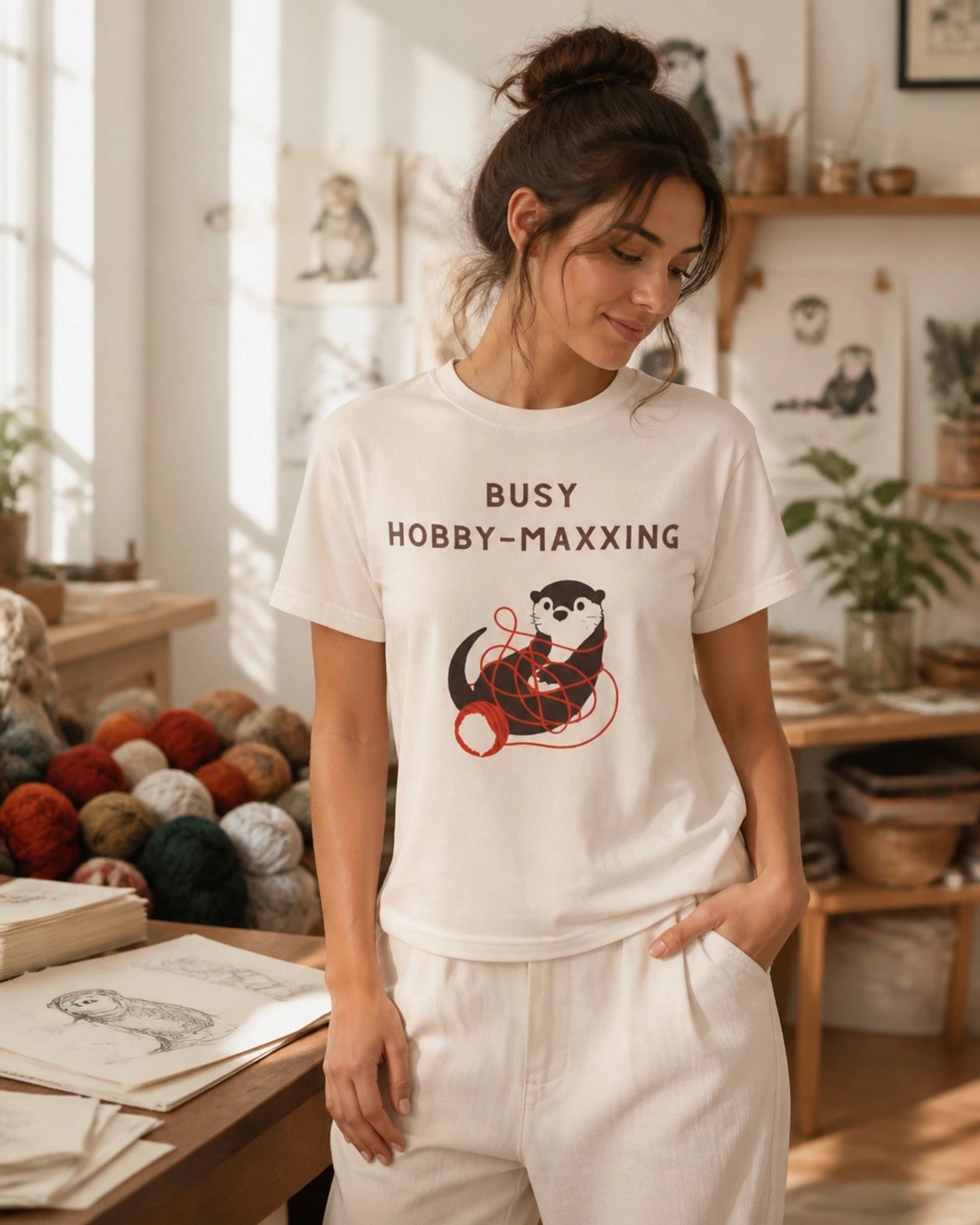 Busy Hobby-Maxxing Otter T-Shirt | Otter with Yarn Tee