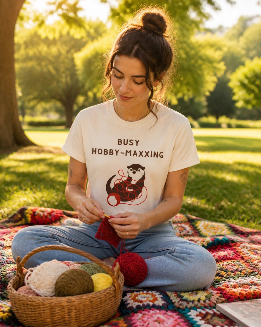 Busy Hobby-Maxxing Otter T-Shirt | Otter with Yarn Tee