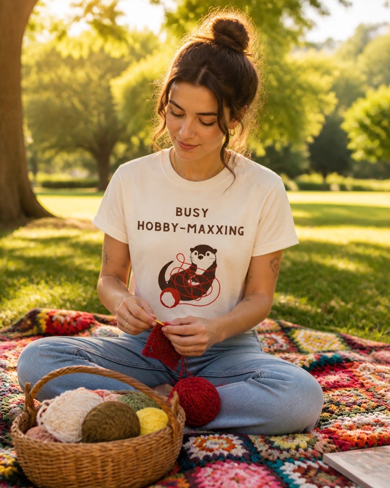 Busy Hobby-Maxxing Otter T-Shirt | Otter with Yarn Tee