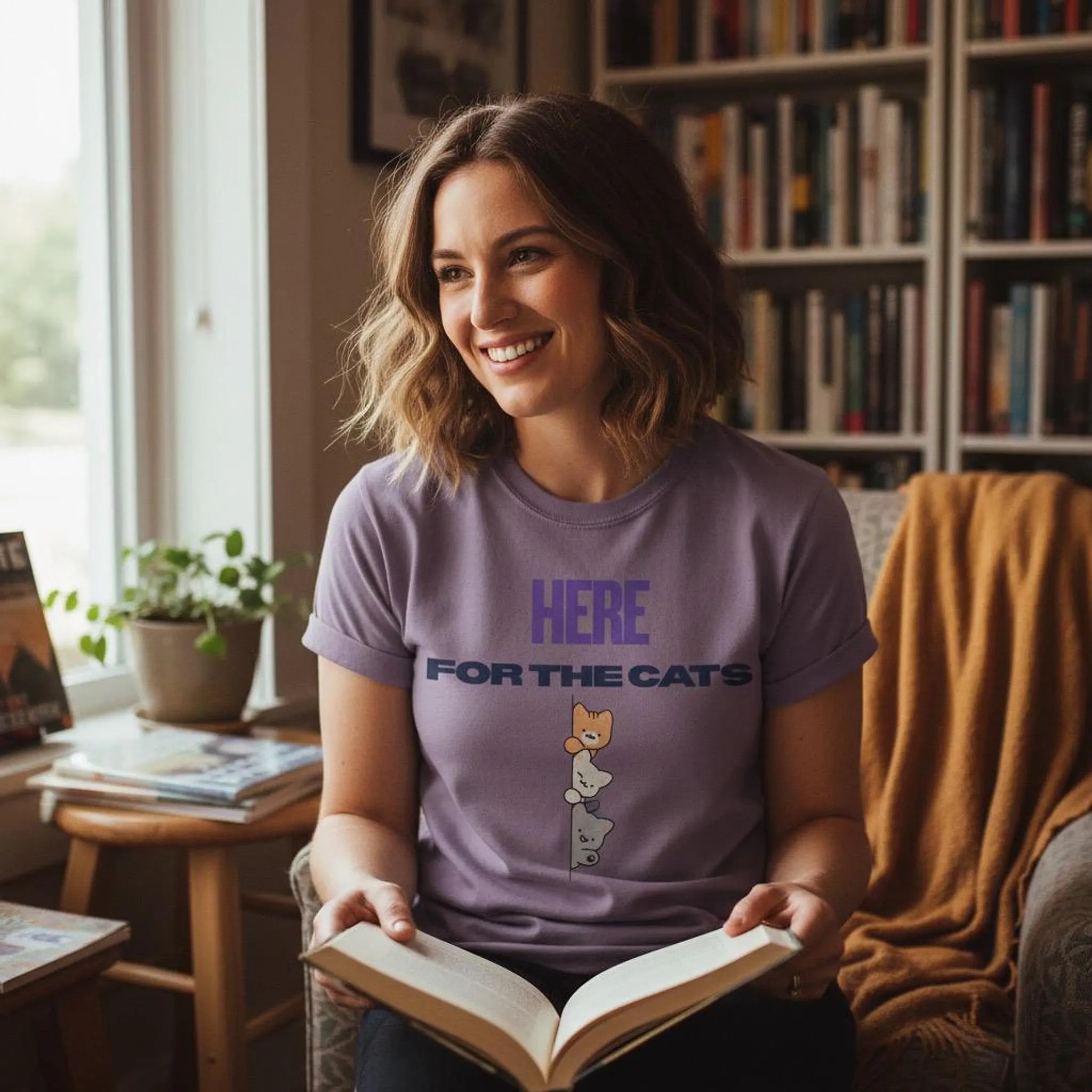 Here for the Cats T-Shirt | Stacked Cartoon Cats Cat Lover Tee