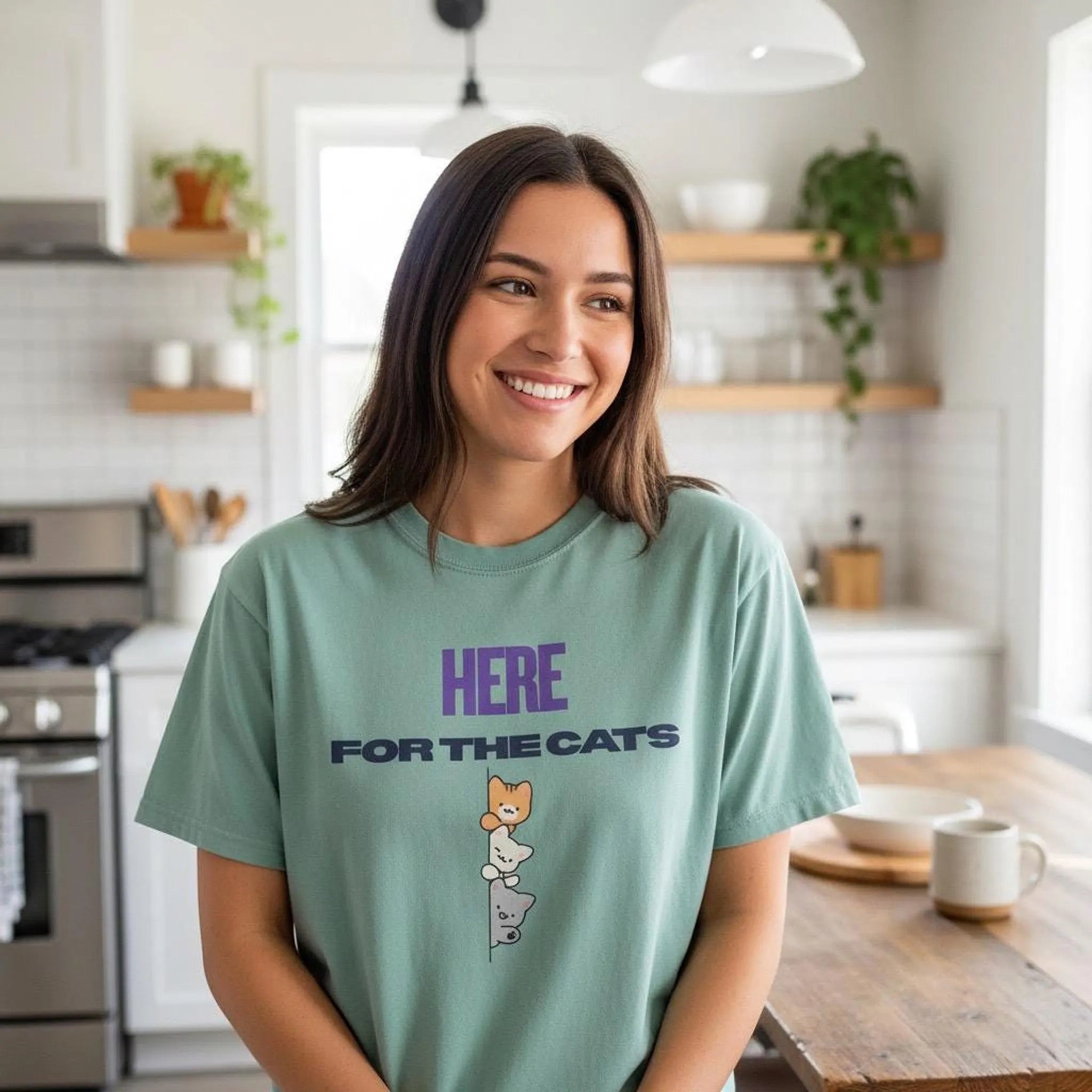 Here for the Cats T-Shirt | Stacked Cartoon Cats Cat Lover Tee