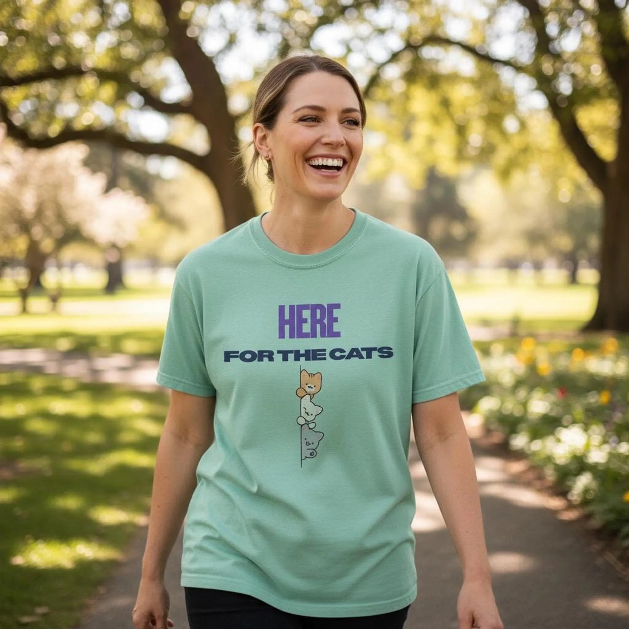 Here for the Cats T-Shirt | Stacked Cartoon Cats Cat Lover Tee