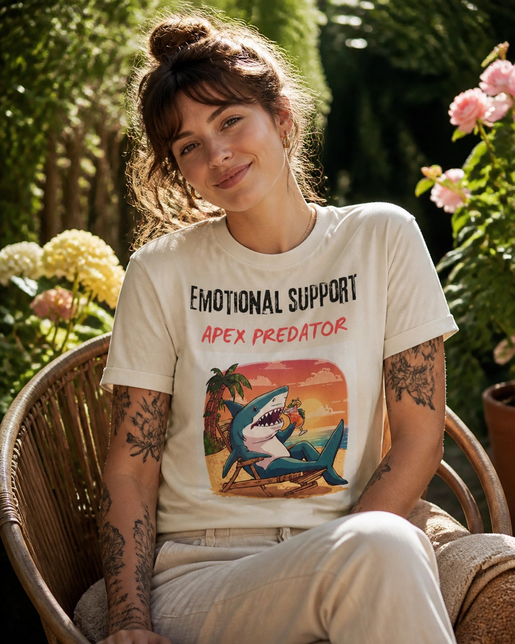 Emotional Support Apex Predator T-Shirt | Shark Beach Sunset Graphic Tee