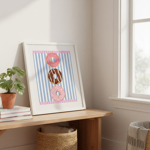 Donut Stack Poster | Pink Blue Striped Bakery Wall Art