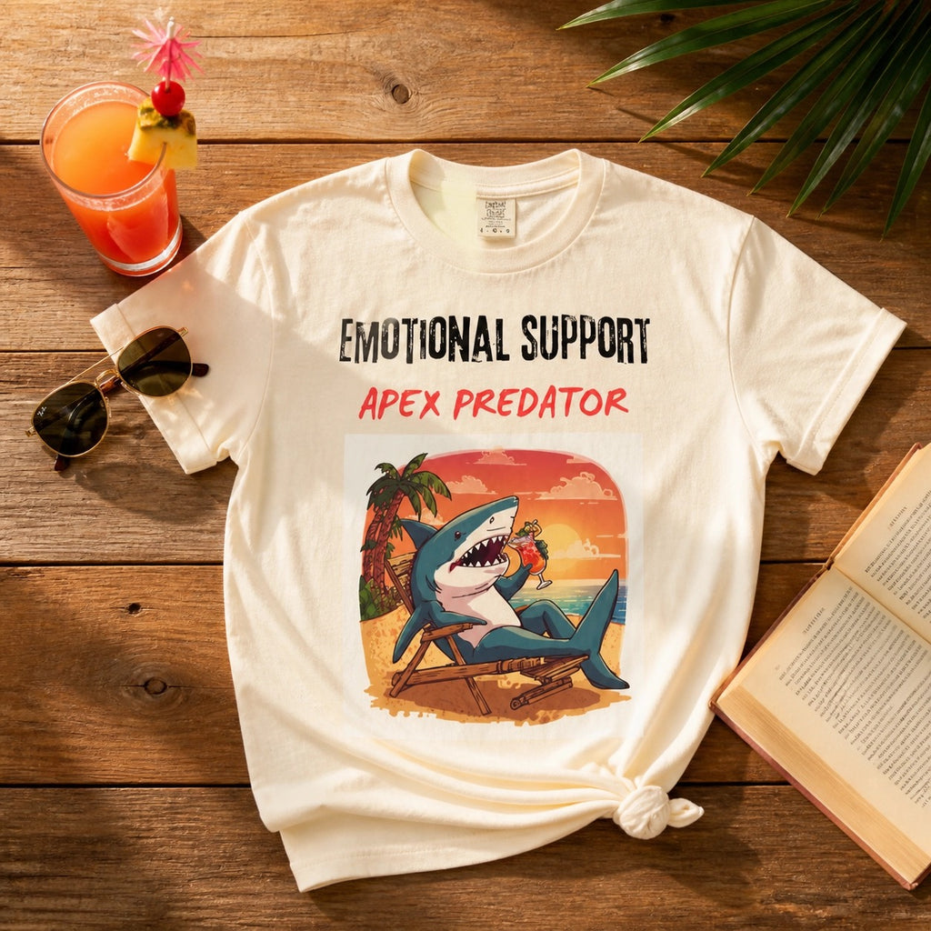 Emotional Support Apex Predator T-Shirt | Shark Beach Sunset Graphic Tee