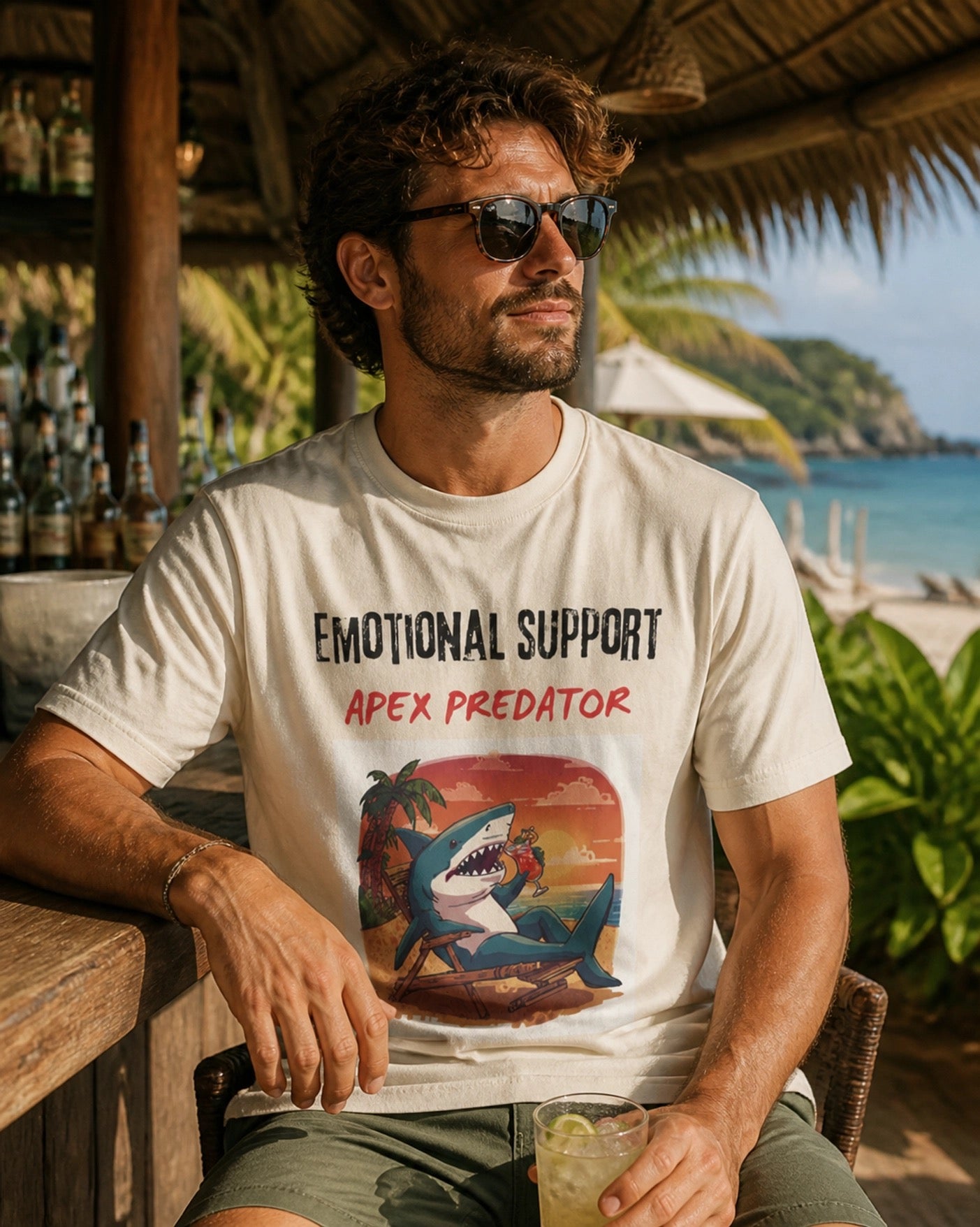 Emotional Support Apex Predator T-Shirt | Shark Beach Sunset Graphic Tee